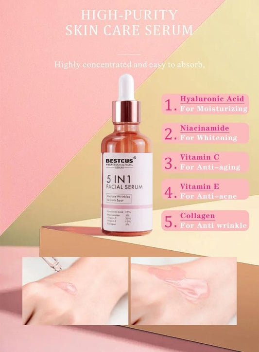 New Anti-Aging 5-in-1 Facial Serum 30% Vitamin C 5% Niacinamide 10% Herbal & Vegan Ingredients Brightening Anti-Wrinkle Anti-Age